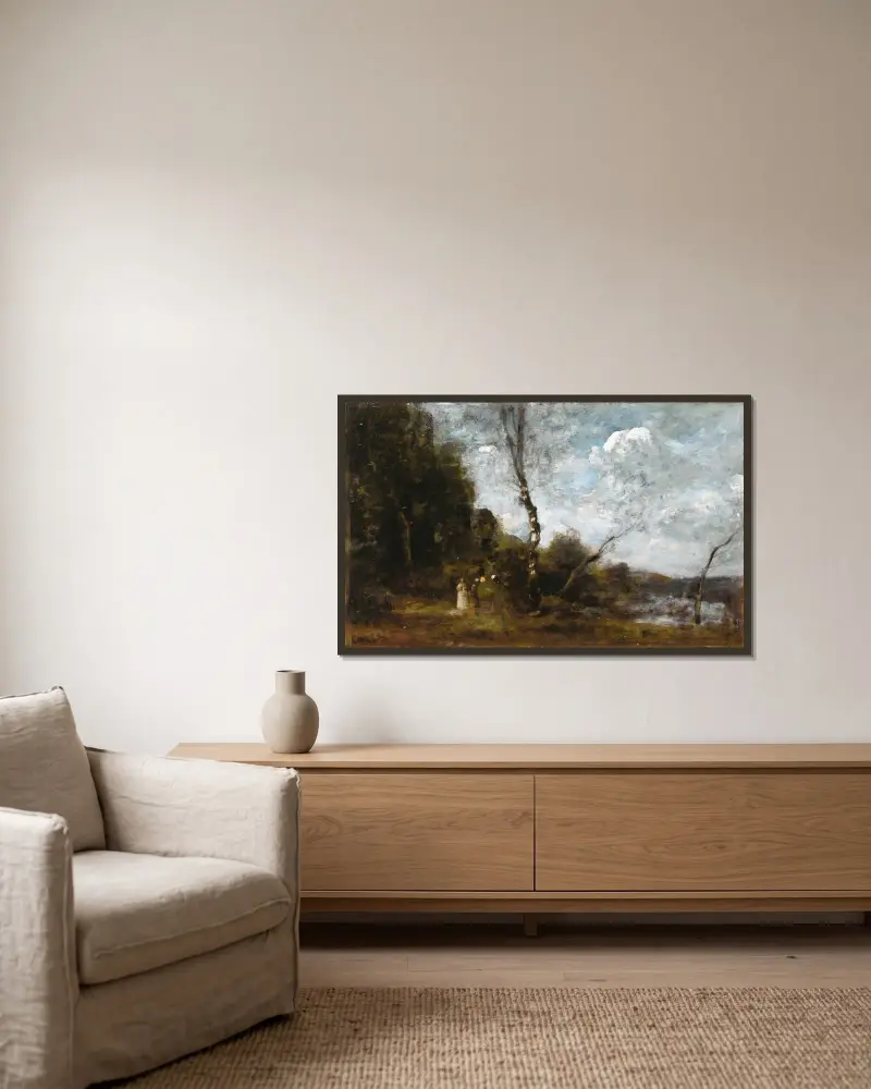 Drei Bäuerinnen an einem Wald von Jean-Baptiste-Camille Corot gerahmt an einer Wand