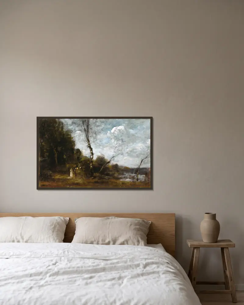 Drei Bäuerinnen an einem Wald von Jean-Baptiste-Camille Corot gerahmt an einer Wand