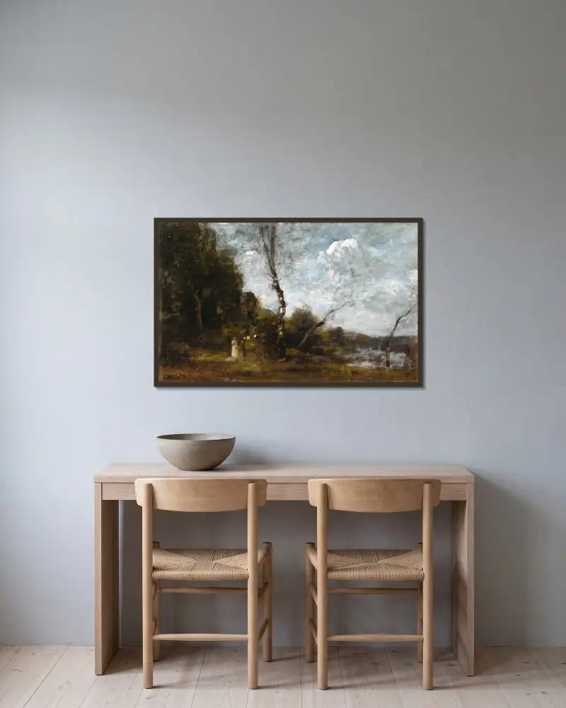 Drei Bäuerinnen an einem Wald von Jean-Baptiste-Camille Corot gerahmt an einer Wand