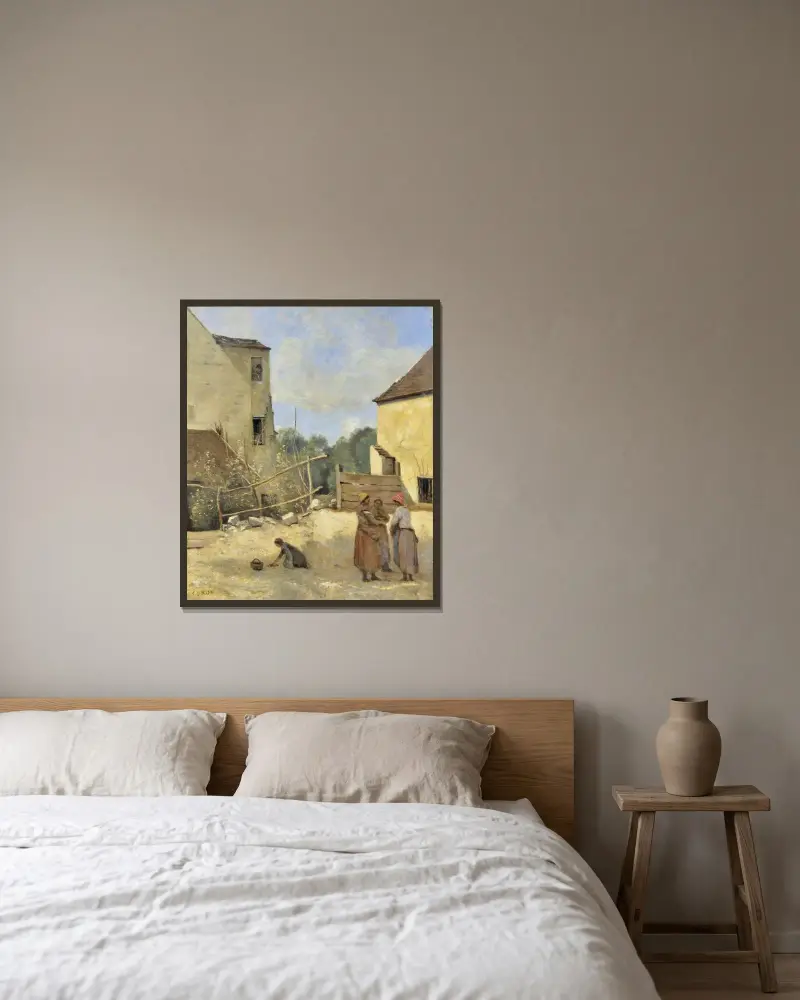 Tre bondkvinnor som samtalar på en lantlig gård av Jean-Baptiste-Camille Corot inramad på en vägg