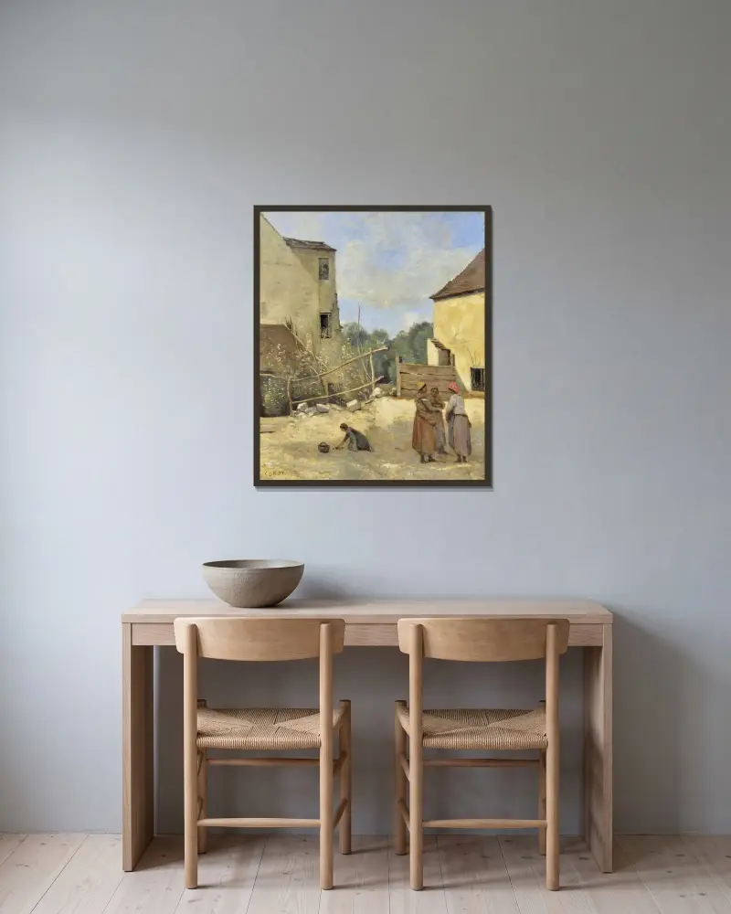 Tre bondkvinnor som samtalar på en lantlig gård av Jean-Baptiste-Camille Corot inramad på en vägg