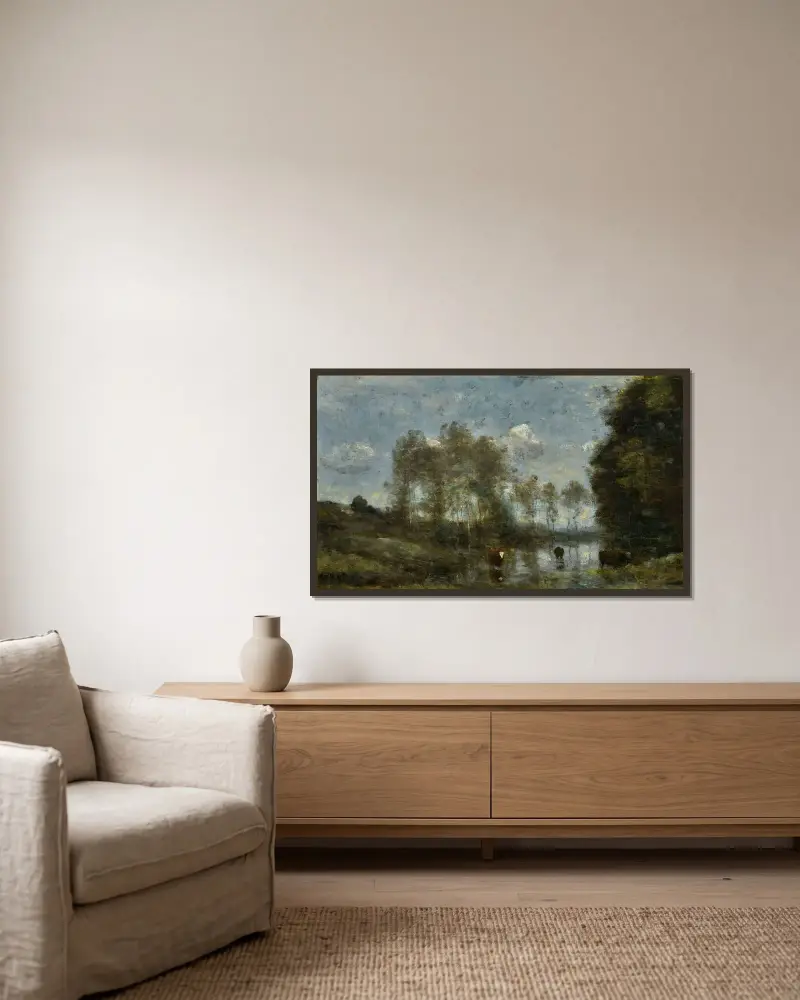 Tre kor i ett träsk av Jean-Baptiste-Camille Corot inramad på en vägg