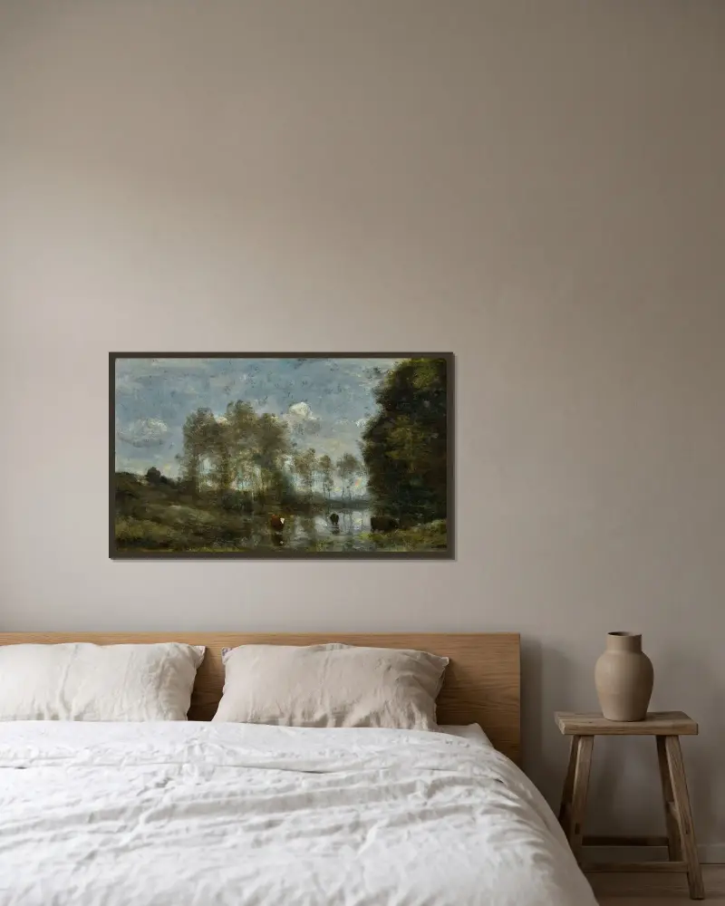 Tre kor i ett träsk av Jean-Baptiste-Camille Corot inramad på en vägg