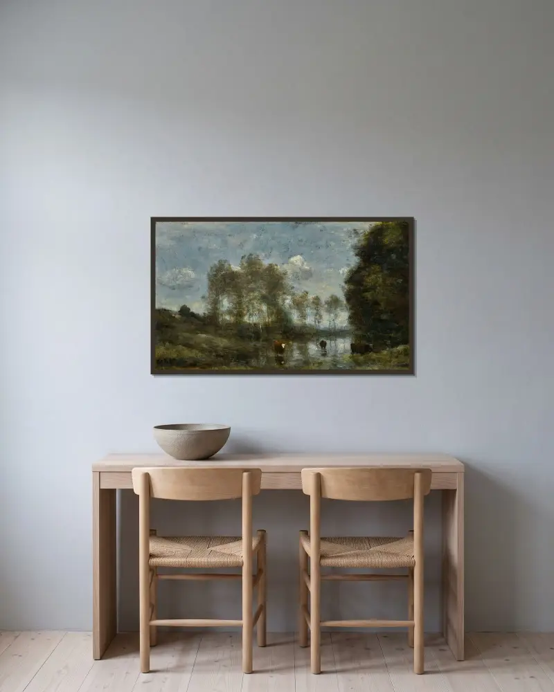Tre kor i ett träsk av Jean-Baptiste-Camille Corot inramad på en vägg