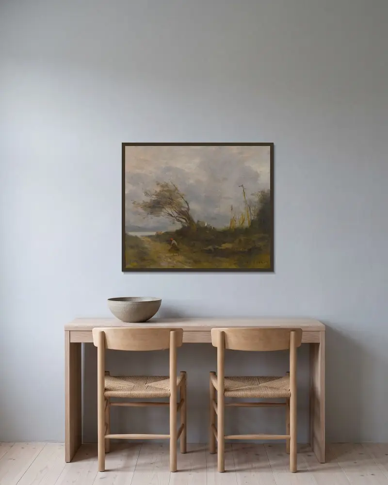 Ett vindkast vid havsstranden av Jean-Baptiste-Camille Corot inramad på en vägg