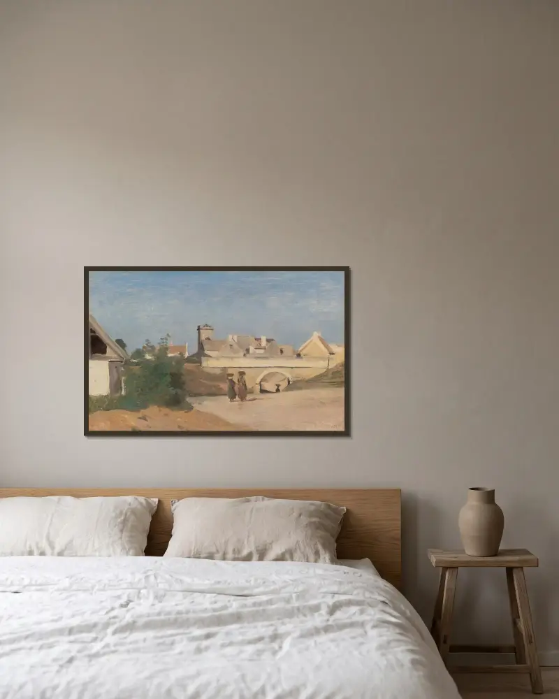 En förstad av Jean-Baptiste-Camille Corot inramad på en vägg