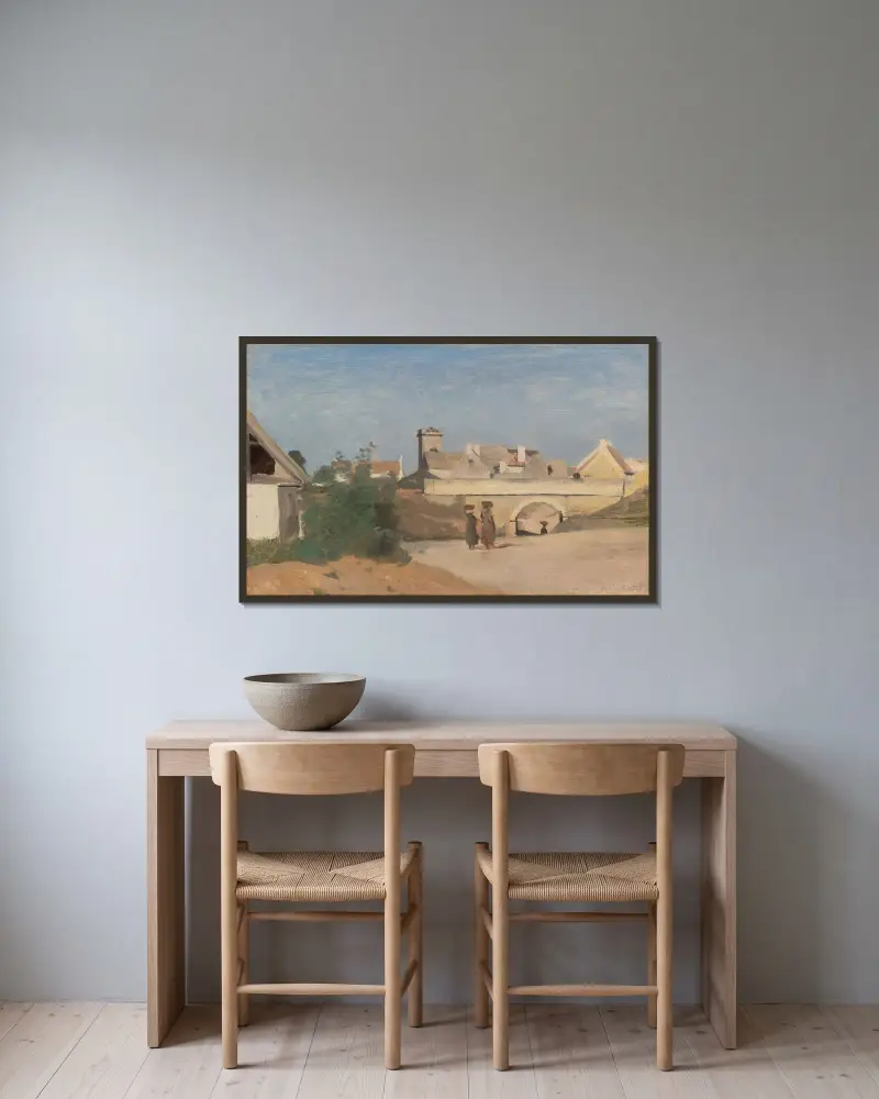 En förstad av Jean-Baptiste-Camille Corot inramad på en vägg