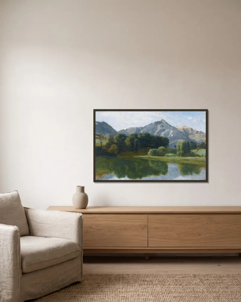 En sjö i Oberland av Jean-Baptiste-Camille Corot inramad på en vägg