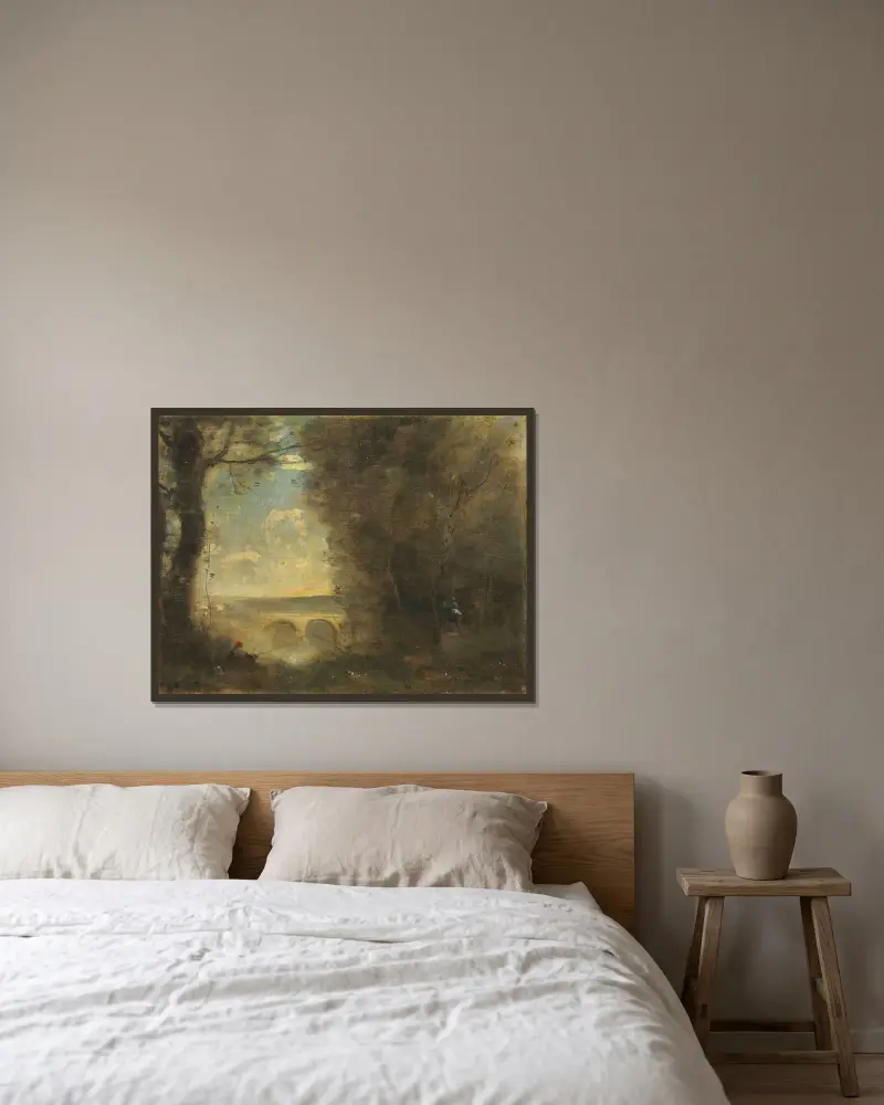 Ein Angler, Erinnerung an die Pont de Mantes von Jean-Baptiste-Camille Corot gerahmt an einer Wand