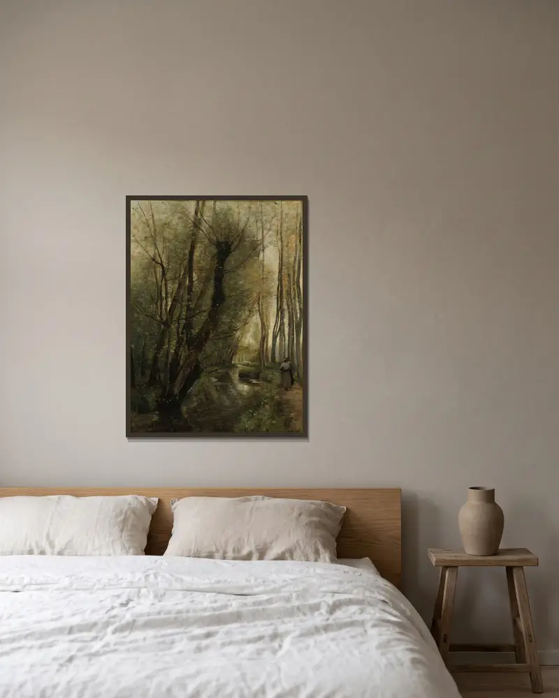 En bäck; omgivningarna kring Beauvais av Jean-Baptiste-Camille Corot inramad på en vägg
