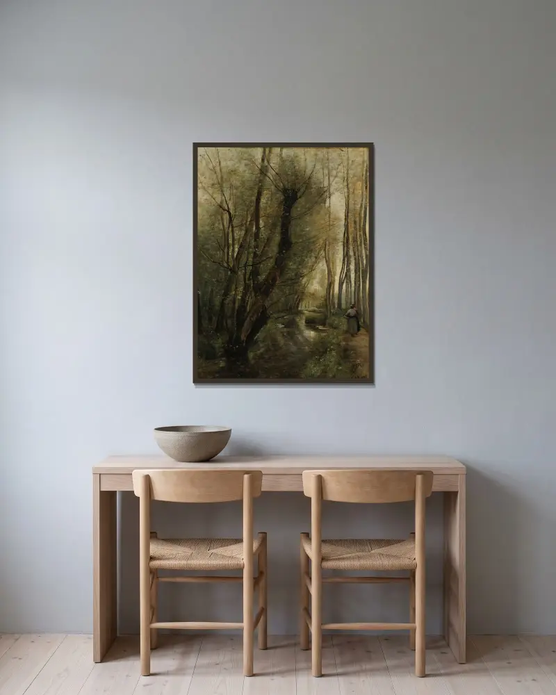 En bäck; omgivningarna kring Beauvais av Jean-Baptiste-Camille Corot inramad på en vägg