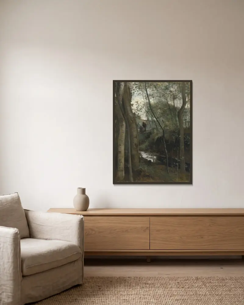 Ein Bach im Wald von Jean-Baptiste-Camille Corot gerahmt an einer Wand