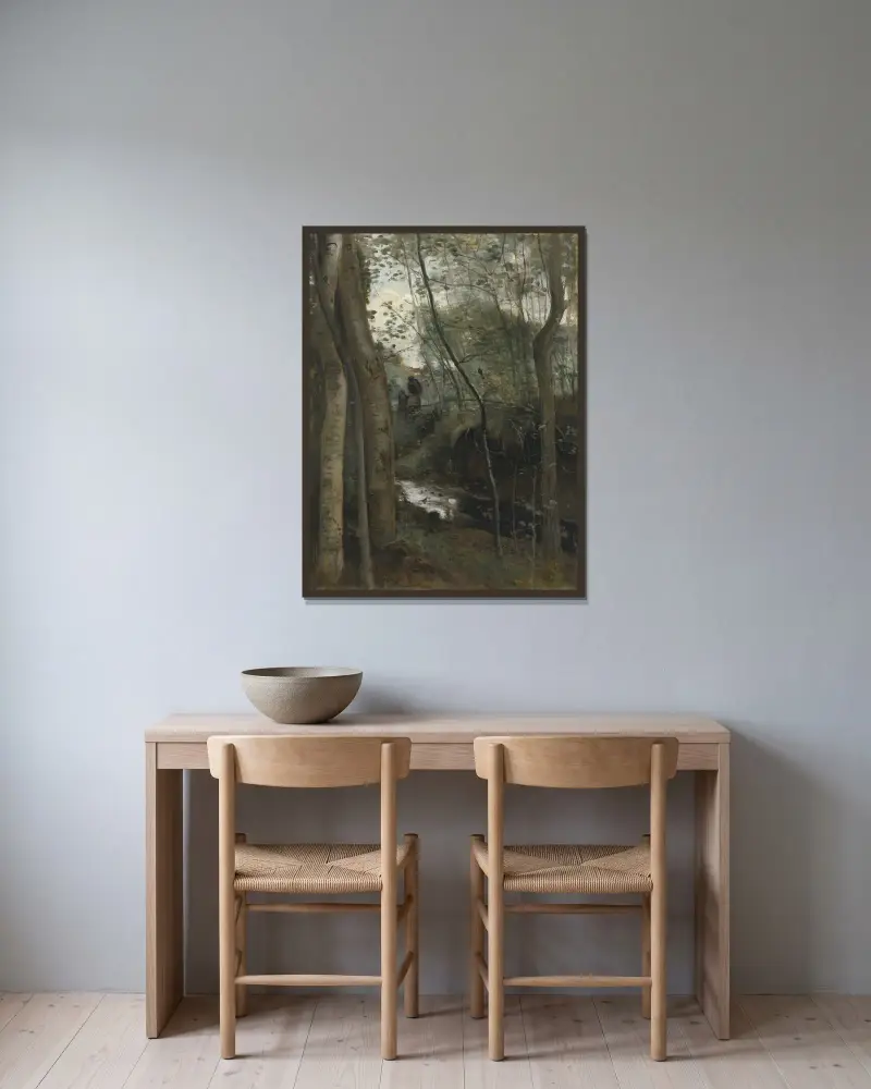Ein Bach im Wald von Jean-Baptiste-Camille Corot gerahmt an einer Wand