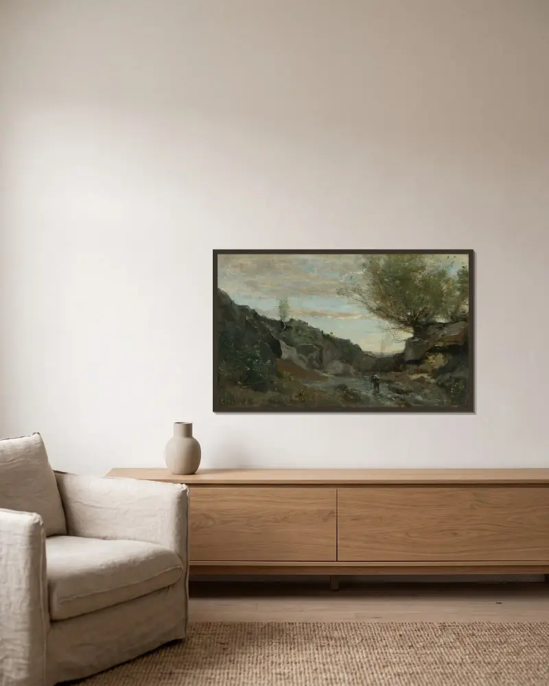 En fors från Abruzzerna av Jean-Baptiste-Camille Corot inramad på en vägg