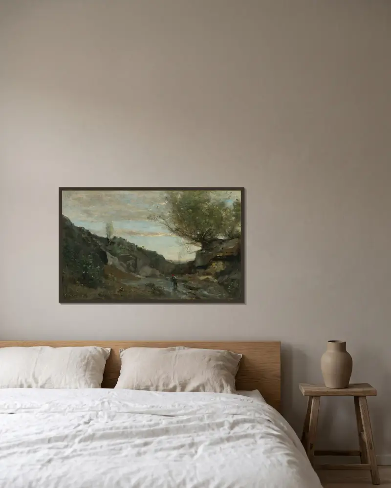 En fors från Abruzzerna av Jean-Baptiste-Camille Corot inramad på en vägg