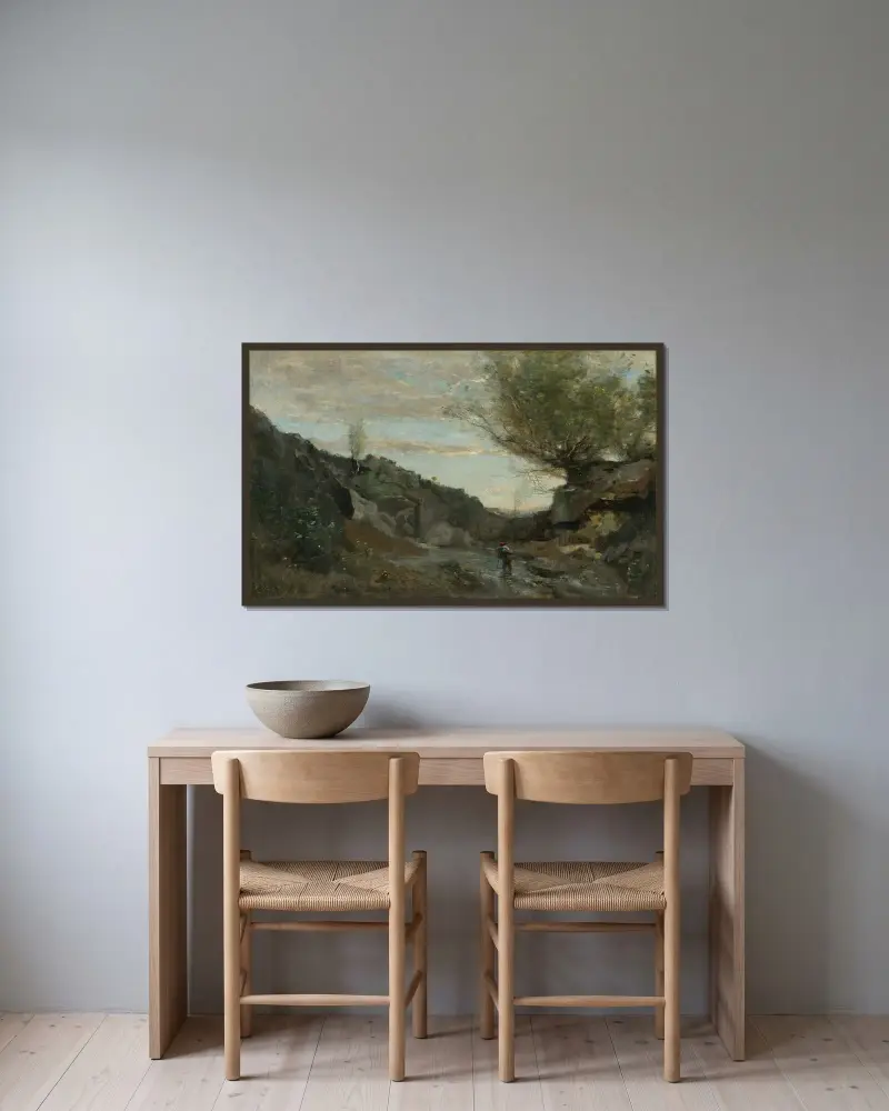 En fors från Abruzzerna av Jean-Baptiste-Camille Corot inramad på en vägg