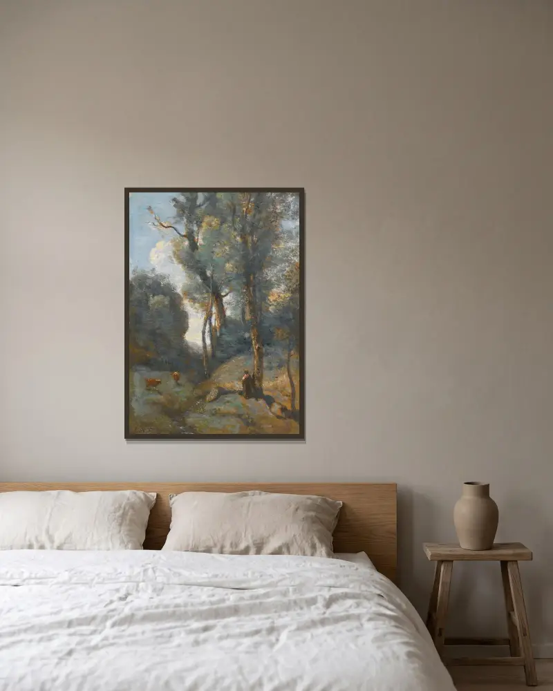 Koherdinna på en skogsbeklädd sluttning av Jean-Baptiste-Camille Corot inramad på en vägg