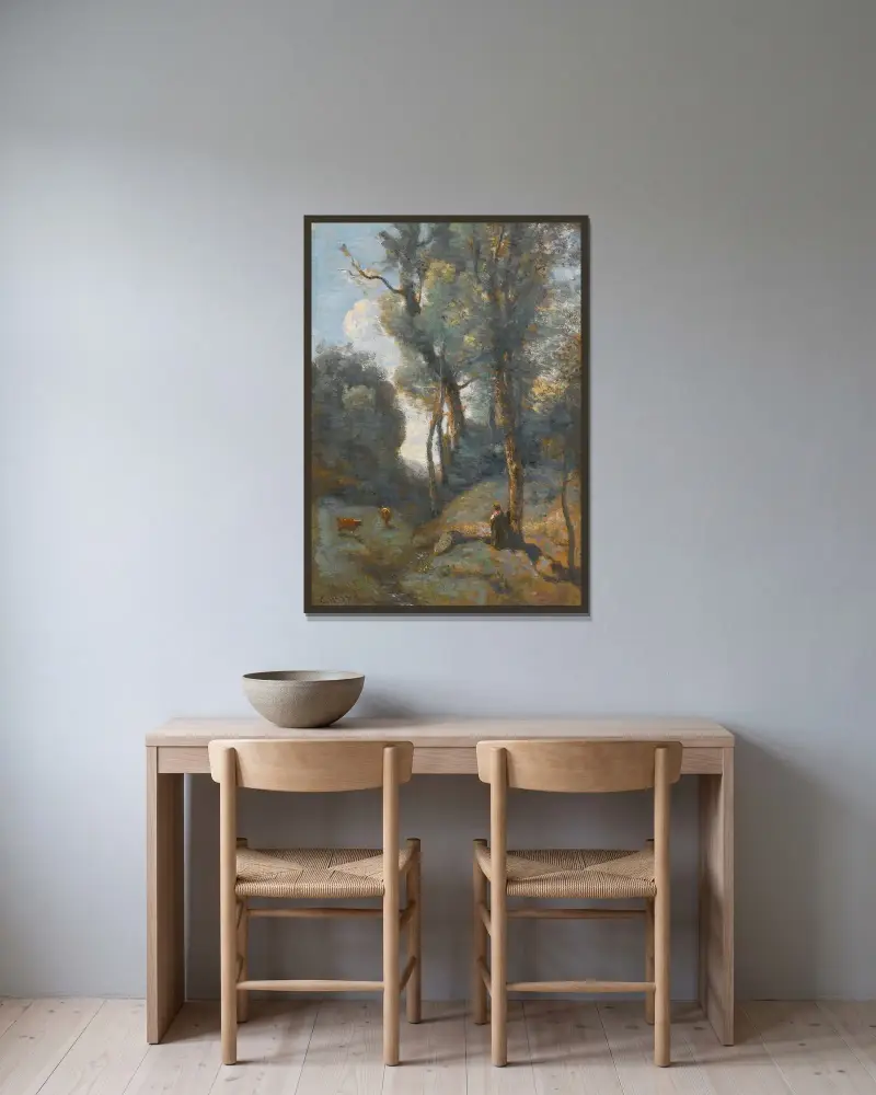 Koherdinna på en skogsbeklädd sluttning av Jean-Baptiste-Camille Corot inramad på en vägg