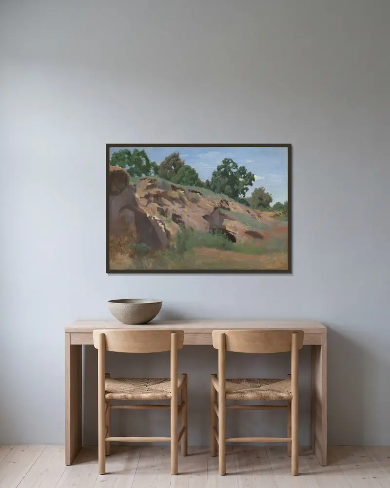 Versant rocheux av Jean-Baptiste-Camille Corot inramad på en vägg
