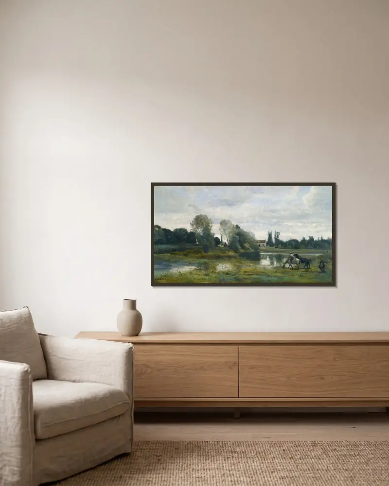 Ville d’Avray; Hästarnas vattenställe av Jean-Baptiste-Camille Corot inramad på en vägg