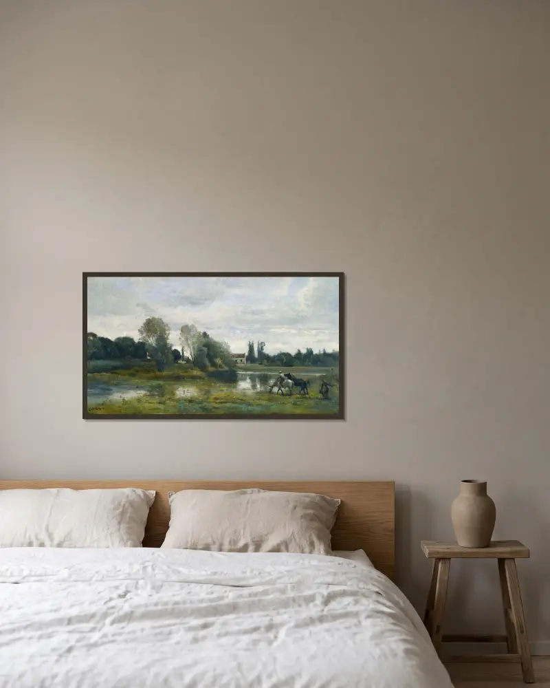 Ville d’Avray; Hästarnas vattenställe av Jean-Baptiste-Camille Corot inramad på en vägg