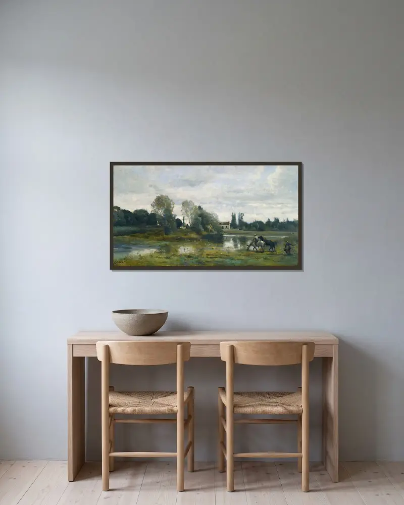 Ville d’Avray; Hästarnas vattenställe av Jean-Baptiste-Camille Corot inramad på en vägg