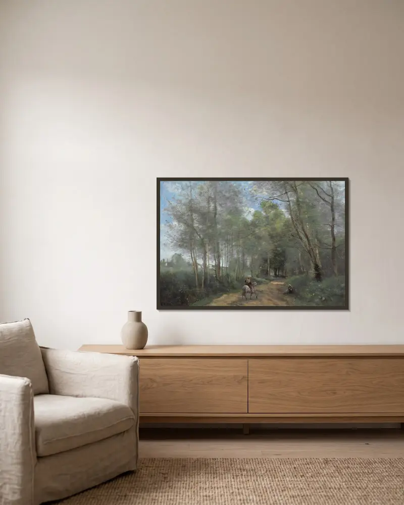 Ville-d’Avray – Der Reiter am Waldrand von Jean-Baptiste-Camille Corot gerahmt an einer Wand