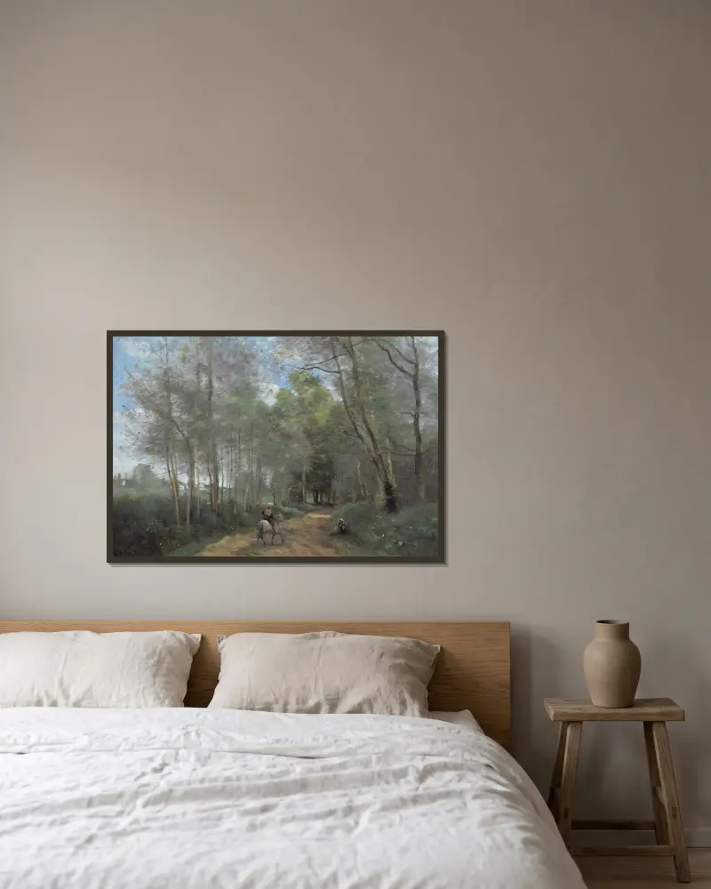 Ville-d’Avray – Der Reiter am Waldrand von Jean-Baptiste-Camille Corot gerahmt an einer Wand