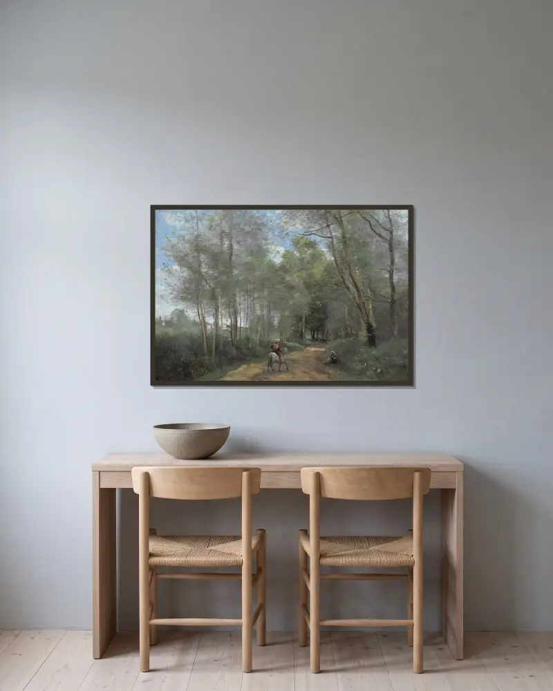 Ville-d’Avray – Der Reiter am Waldrand von Jean-Baptiste-Camille Corot gerahmt an einer Wand