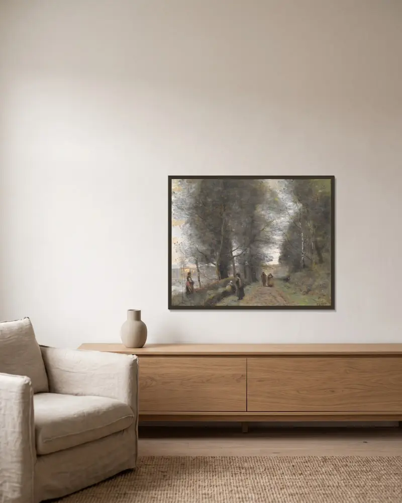 Ville d’Avray, skogsstig utmed dammen av Jean-Baptiste-Camille Corot inramad på en vägg