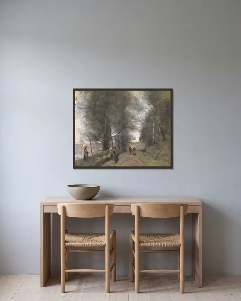 Ville d’Avray, skogsstig utmed dammen av Jean-Baptiste-Camille Corot inramad på en vägg