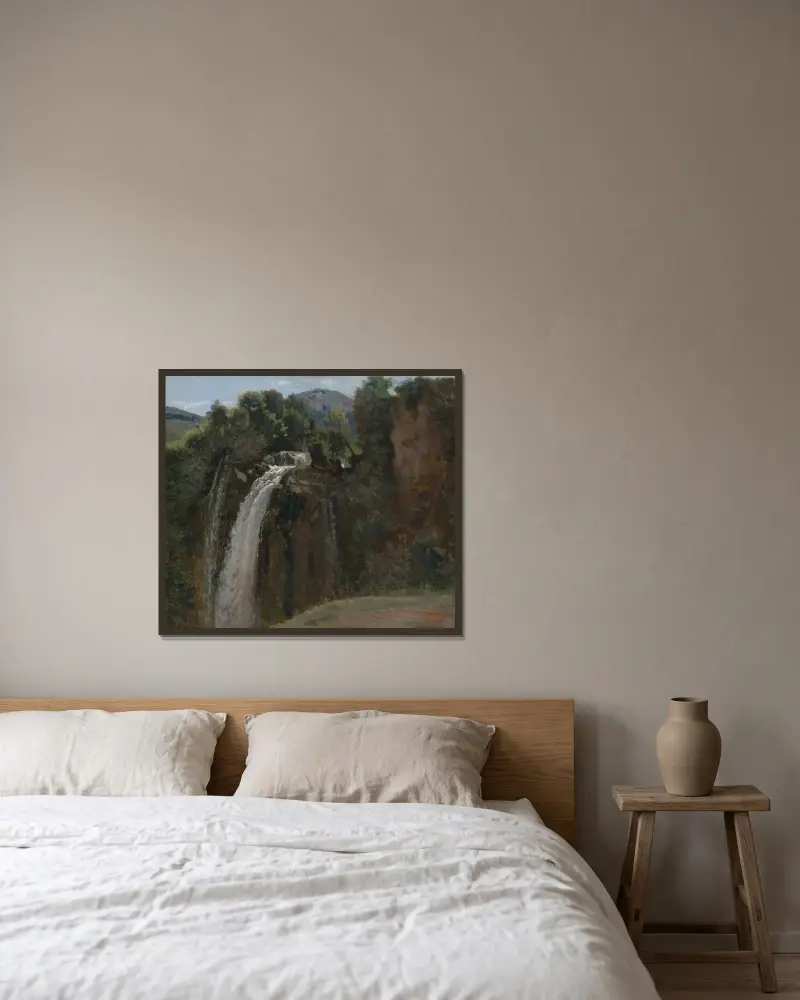 Waterfall at Terni av Jean-Baptiste-Camille Corot inramad på en vägg