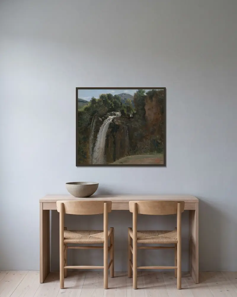 Waterfall at Terni av Jean-Baptiste-Camille Corot inramad på en vägg