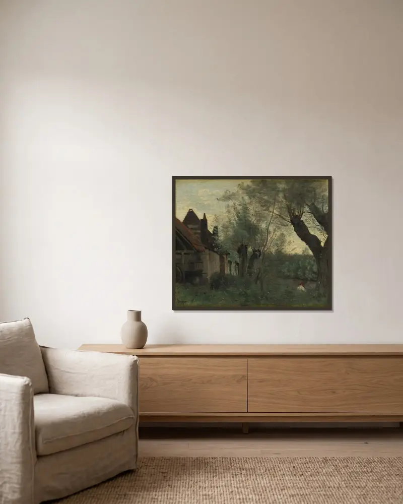 Weiden und Bauernhaus bei Sainte-Catherine-lès-Arras von Jean-Baptiste-Camille Corot gerahmt an einer Wand