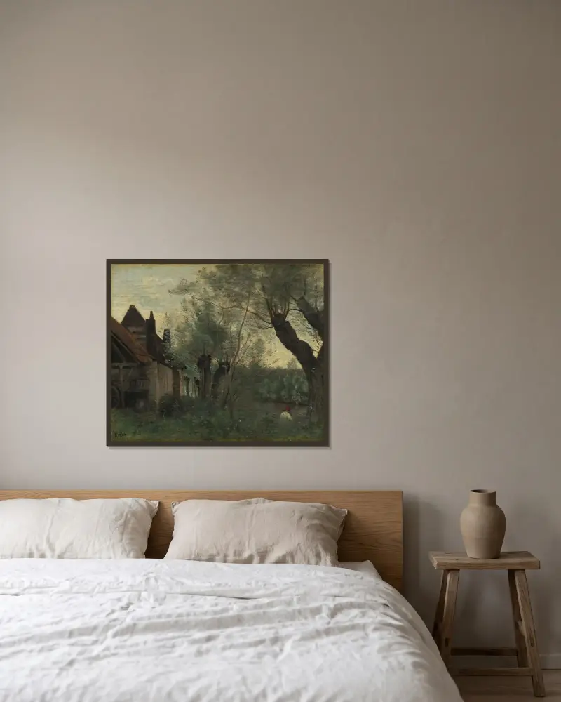 Weiden und Bauernhaus bei Sainte-Catherine-lès-Arras von Jean-Baptiste-Camille Corot gerahmt an einer Wand