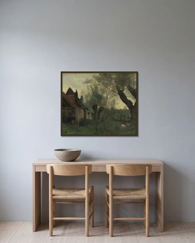 Weiden und Bauernhaus bei Sainte-Catherine-lès-Arras von Jean-Baptiste-Camille Corot gerahmt an einer Wand