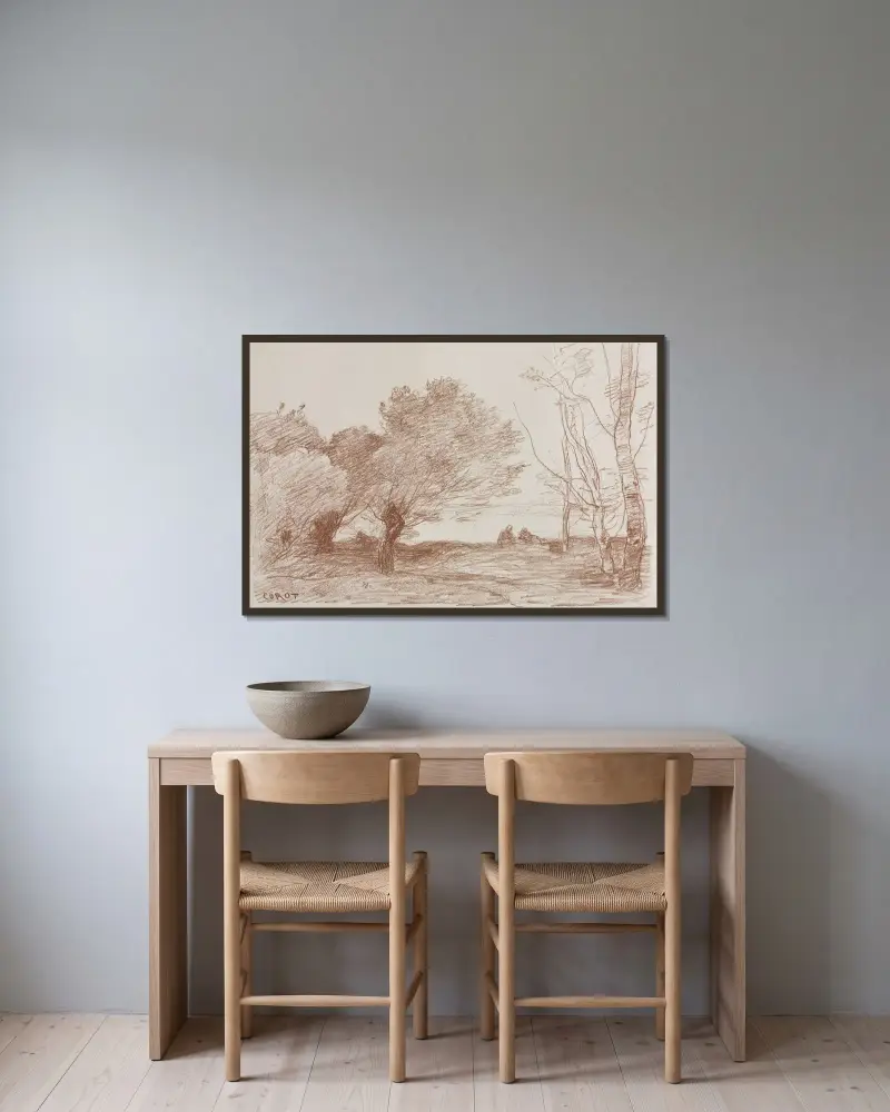 Weiden und Pappeln von Jean-Baptiste-Camille Corot gerahmt an einer Wand