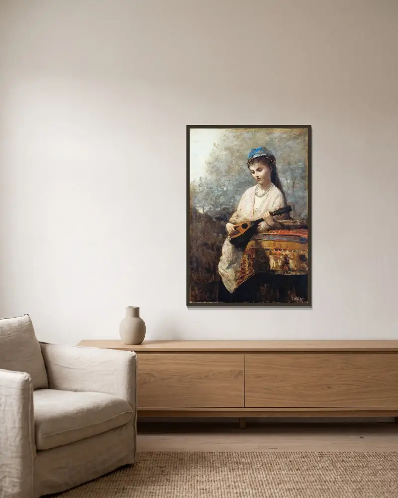 Junge Frau mit Mandoline von Jean-Baptiste-Camille Corot gerahmt an einer Wand
