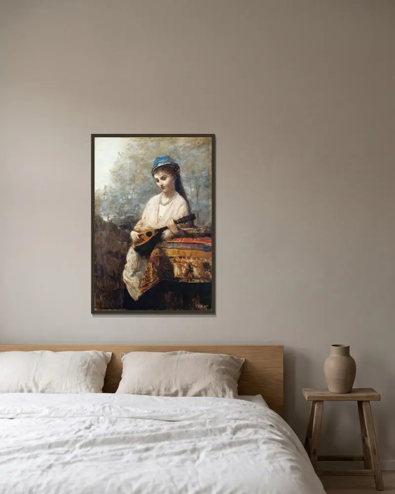 Junge Frau mit Mandoline von Jean-Baptiste-Camille Corot gerahmt an einer Wand