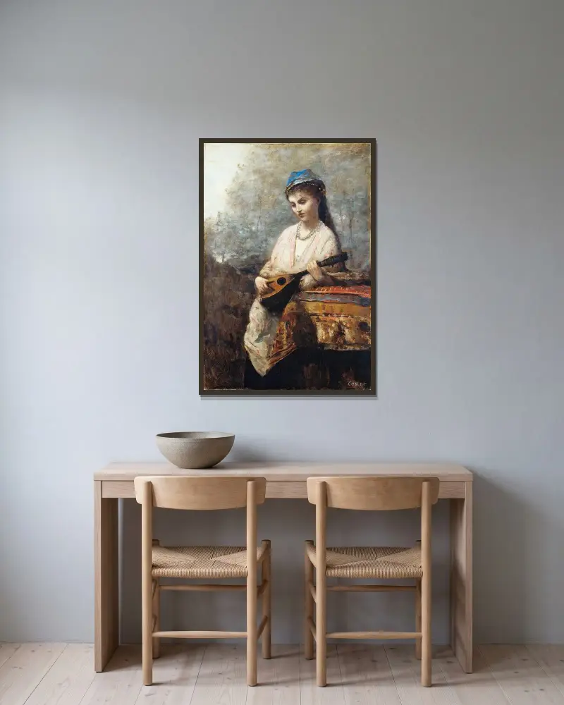 Junge Frau mit Mandoline von Jean-Baptiste-Camille Corot gerahmt an einer Wand