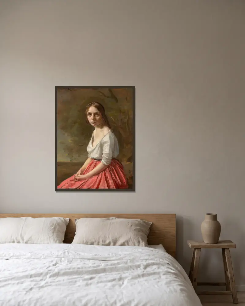 Ung kvinna i rosa kjol av Jean-Baptiste-Camille Corot inramad på en vägg