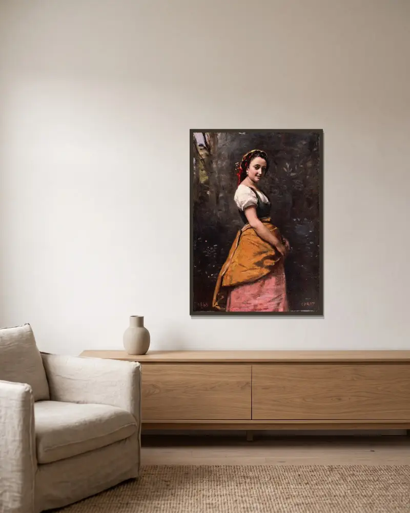 Ung kvinna i skogen av Jean-Baptiste-Camille Corot inramad på en vägg