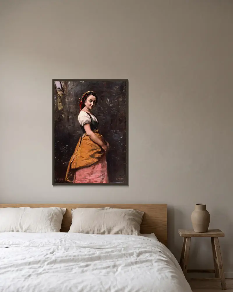Ung kvinna i skogen av Jean-Baptiste-Camille Corot inramad på en vägg