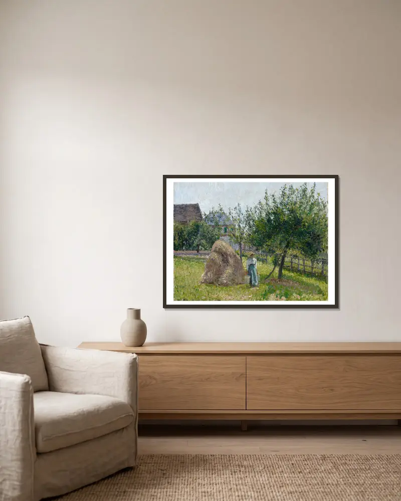 Apple Trees in Eragny, Sunny Morning av Camille Pissarro inramad på en vägg