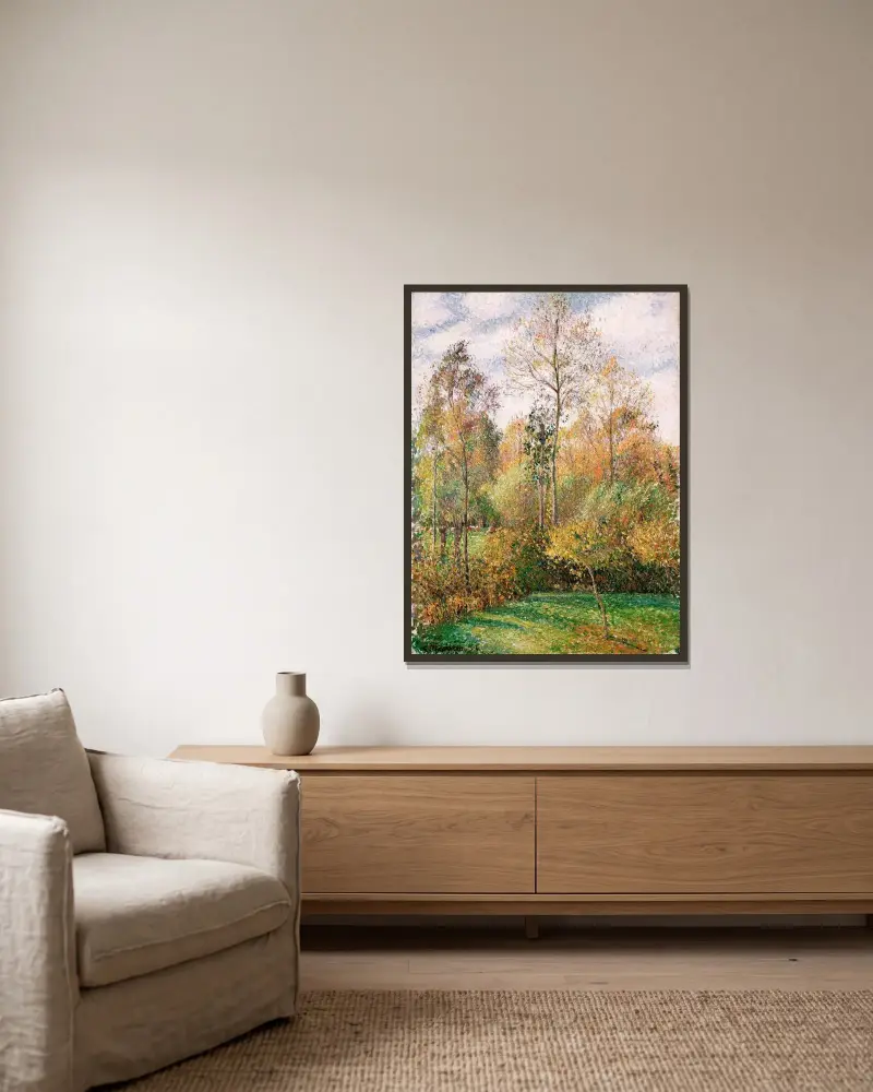 Automne, Peupliers, Eragny (Autumn, Poplars, Eragny) av Camille Pissarro inramad på en vägg