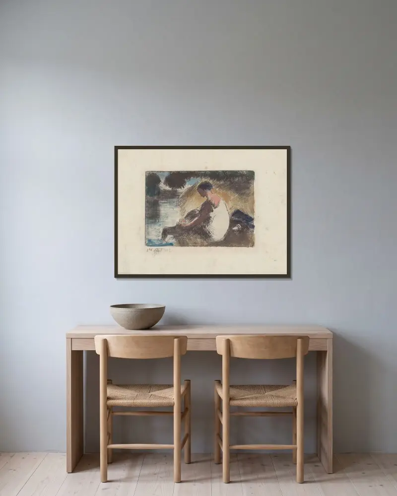 Baderska som tar på sig strumporna av Camille Pissarro inramad på en vägg