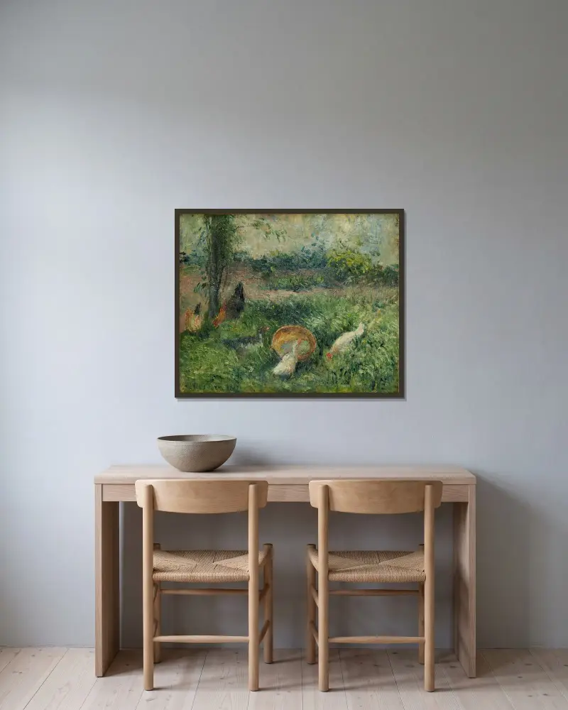 Hönsgård med hönor och ankor av Camille Pissarro inramad på en vägg