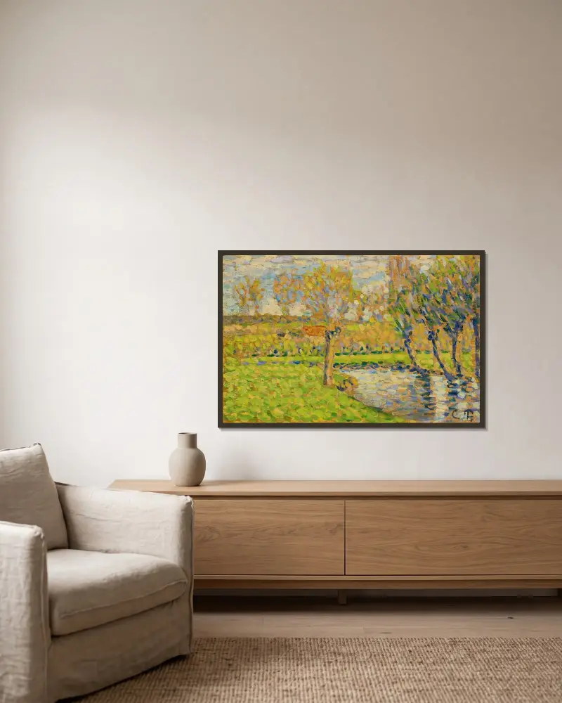 Das Ufer der Epte bei Éragny von Camille Pissarro gerahmt an einer Wand
