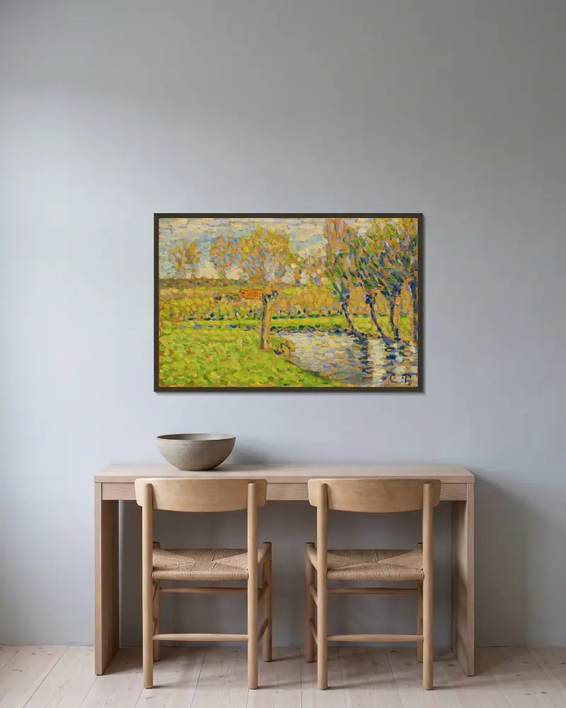 Das Ufer der Epte bei Éragny von Camille Pissarro gerahmt an einer Wand