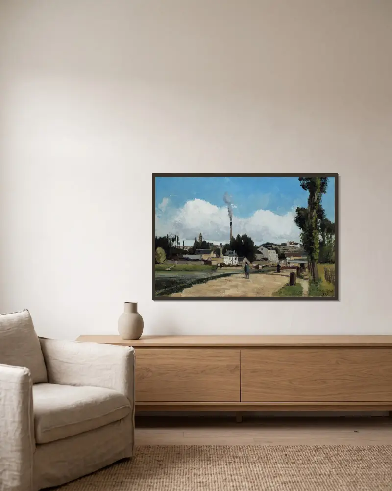 Oises stränder vid Pontoise av Camille Pissarro inramad på en vägg
